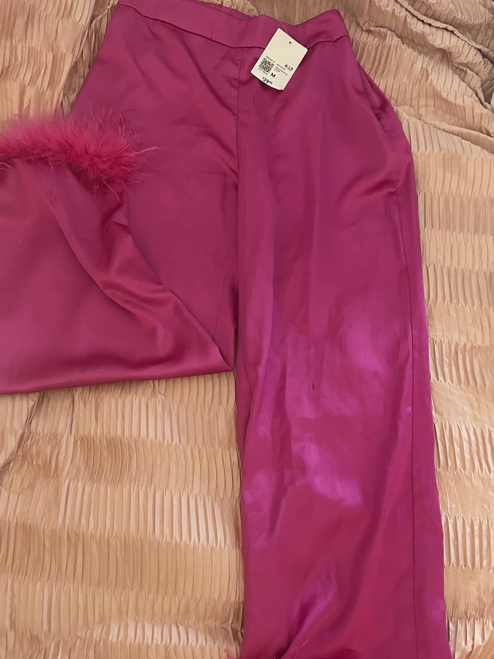 Fuchsia Satin Pants with Feather Trim